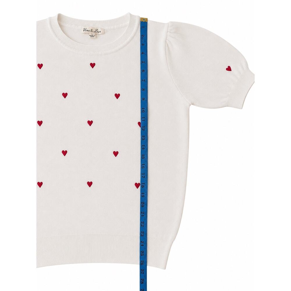 Vine & Love Cream Heart Embroidered Short Sleeve Knit Puff Sweater Large EUC - Picture 4 of 5